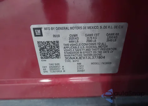 2018 Chevrolet Equinox Lt z USA, uszkodzony, nr VIN 3GNAXJEV7JL377804